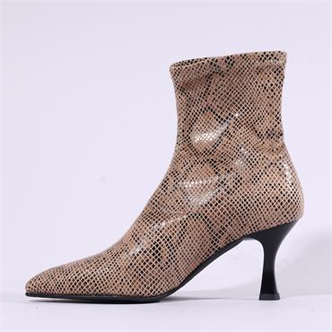 Miss Elastic High Heel Point Ankle Boot - Beige Snake